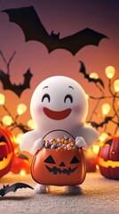 [A cheerful ghost child showcasing a candy bag with a spooky backdrop of Halloween lights and bats], on a white background, high resolution, high detail, 