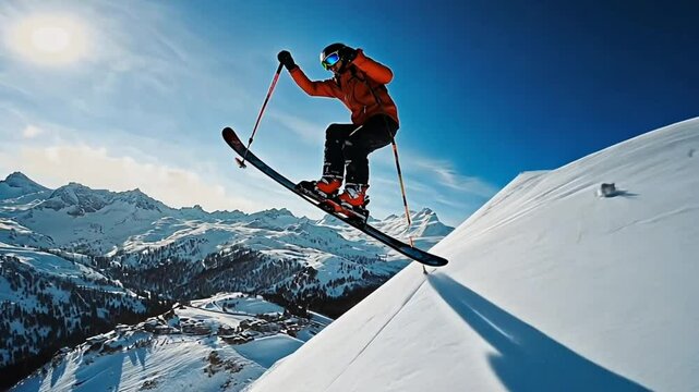 Skier Performing Jump in Snowy Mountain Landscape