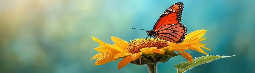 Fototapeta premium A vibrant butterfly perched gracefully on a blooming sunflower, showcasing the beauty of nature and the delicate interaction between insects and flowers.