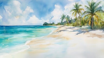 Watercolor painting of a tropical beach with palm trees and turquoise water.
