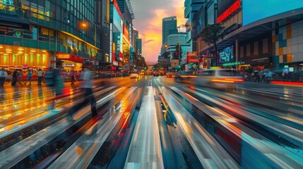Obraz premium City Street at Dusk with Blurred Traffic and Pedestrians