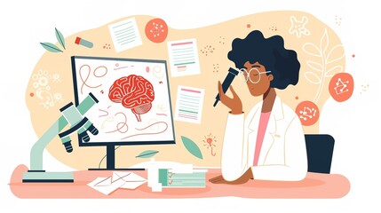 Scientist in lab coat analyzing brain scan on computer screen, surrounded by research papers and microscope, emphasizing focus on autism research and medical advancements.