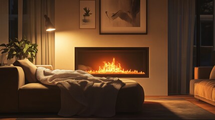 Cozy Living Room with a Warm Fireplace and a Blanket-Draped Sofa