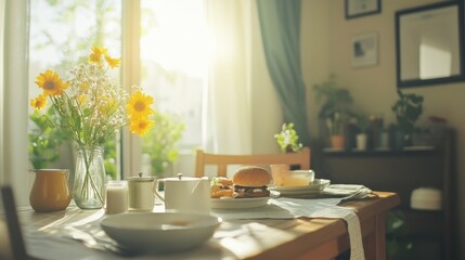 Sunlit Breakfast Table with a Burger, Flowers, and Teapot