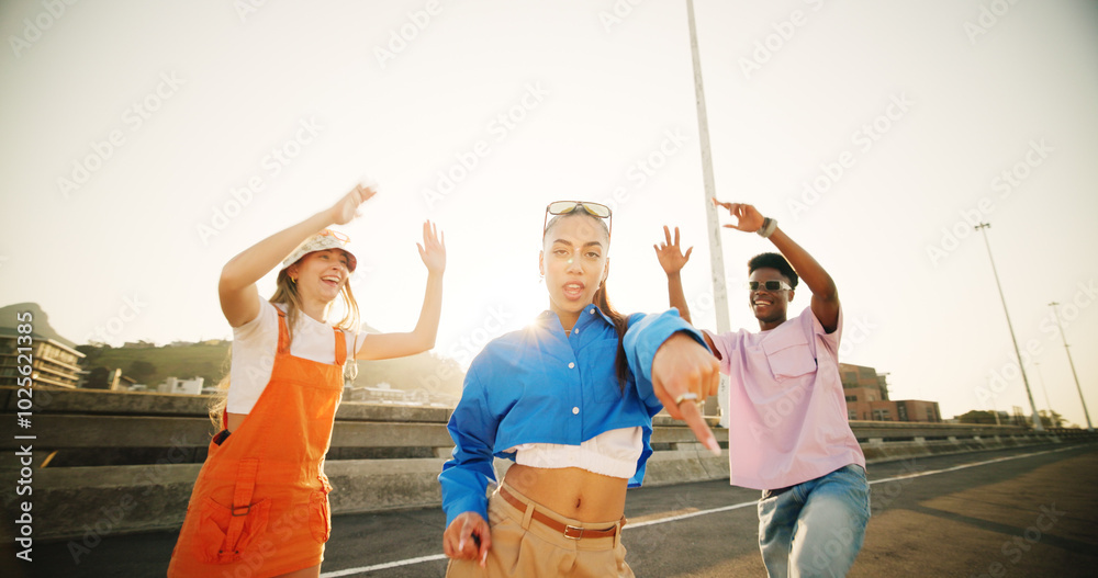 Sticker City, portrait and group of happy people with dance, diversity and cool streetwear style at sunset. Excited, smile and gen z friends with urban fashion, positive energy and bonding in street together