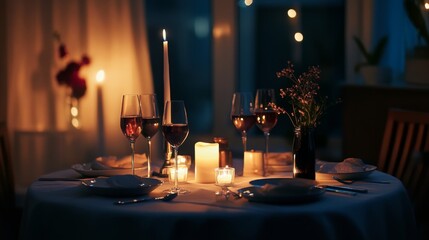 Romantic Dinner Table Set with Wine Glasses and Candlelight