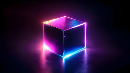 3D Render of a Glowing Cube with Pink and Blue Neon Lights on a Dark Background