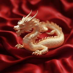 Obraz premium A golden dragon figurine resting on a red silk background