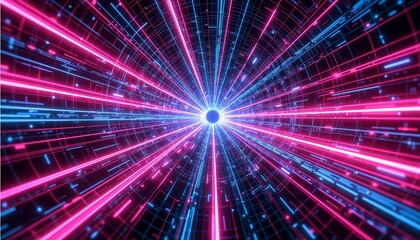 Obraz premium Futuristic time warp grid background with neon lines bending through a colorful tunnel