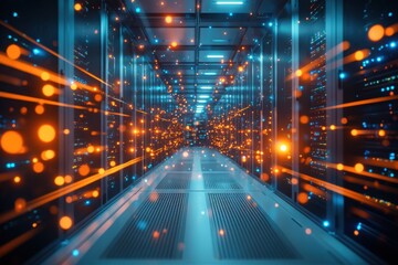Fototapeta premium High-tech server room with network cables, with copy space