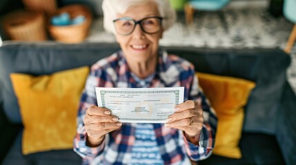 Senior citizen holding check symbolizing social security benefits, smiling with relief in cozy home setting, representing financial security and peace of mind.