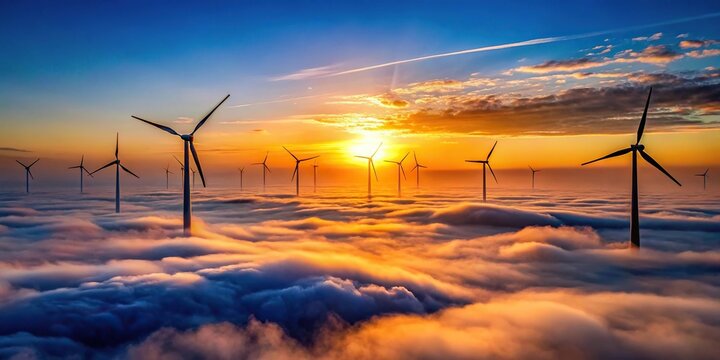 Electric generating windmills standing tall during sunset with cloud inversion, featuring a mix of cool and warm colors with depth of field effect
