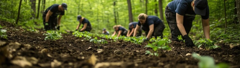 A forest restoration project, with volunteers planting trees and clearing invasive species