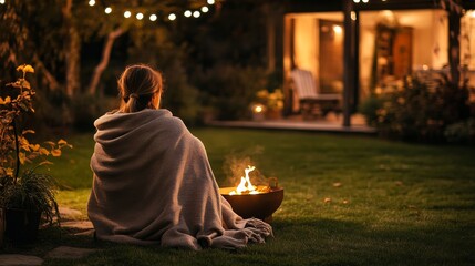 Fototapeta premium Woman Wrapped in a Blanket by a Fire Pit in a Backyard at Night