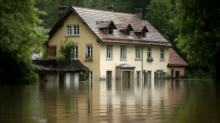 Obraz premium A Yellow House with Red Roof Submerged in Floodwaters, Surrounded by Lush Green Trees