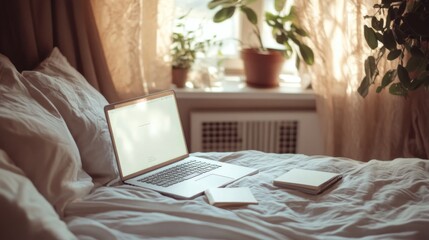 Laptop, Notebooks, and a Pillow on a White Bed