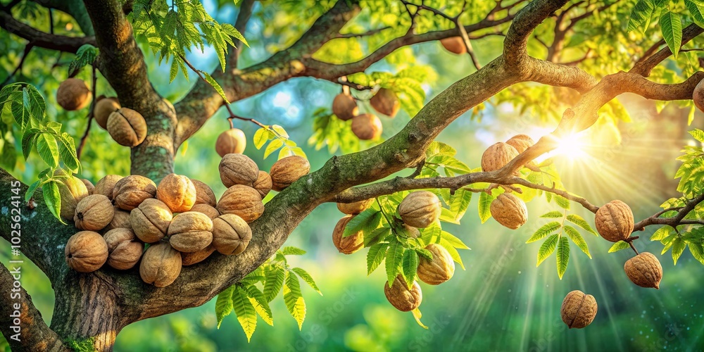 Canvas Prints A cluster of brown nut fruits on a branch of a leafy tree, bathed in the warm glow of the setting sun