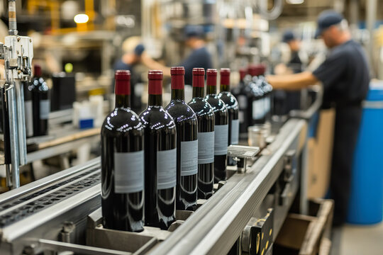 Workers labeling and packaging wine bottles on bustling bottling line in winery