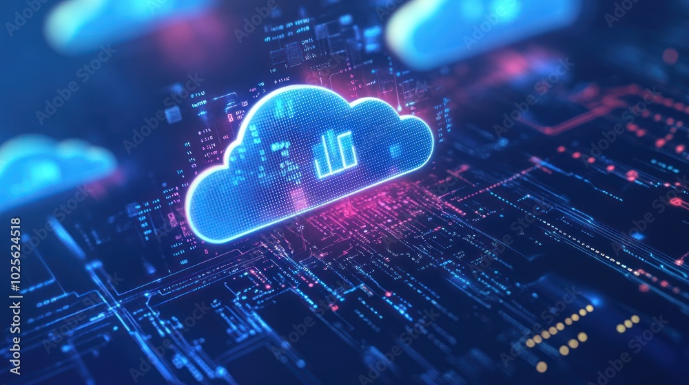 Poster a data cloud technology background featuring floating cloud icons and data streams, symbolizing clou