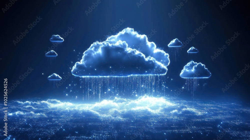Poster a data cloud technology background featuring floating cloud icons and data streams, symbolizing clou