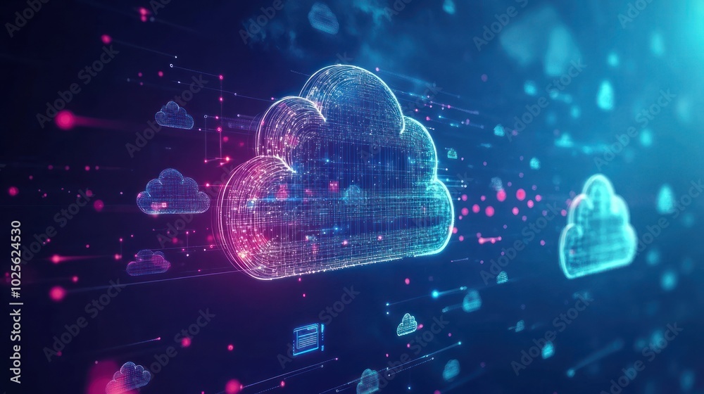 Poster a data cloud technology background featuring floating cloud icons and data streams, symbolizing clou