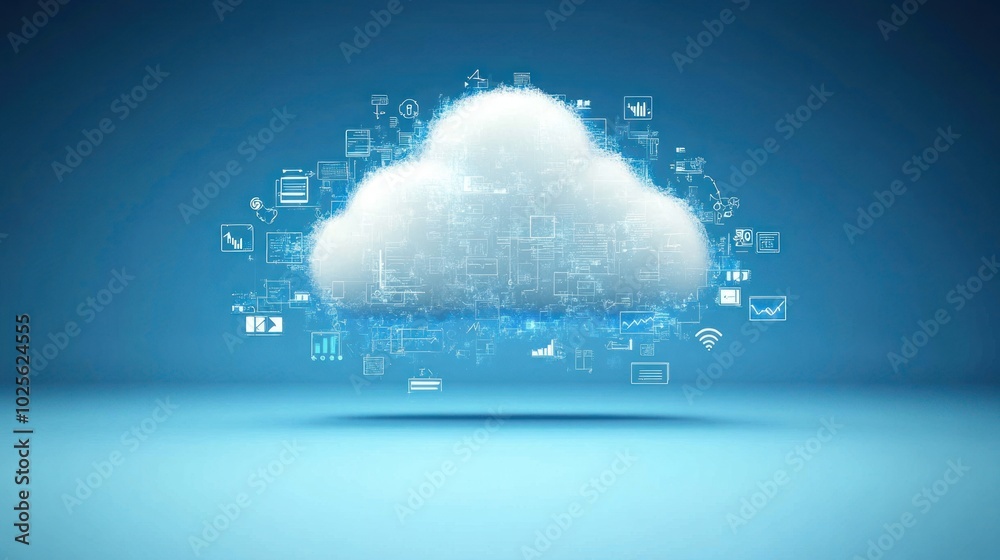 Poster a data cloud technology background featuring floating cloud icons and data streams, symbolizing clou