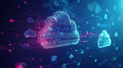 Obraz premium A data cloud technology background featuring floating cloud icons and data streams, symbolizing cloud computing and the future of data storage