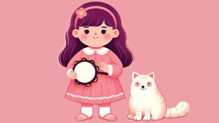 a flat illustration of a little girl playing a tambourine accompanied by a Persian cat