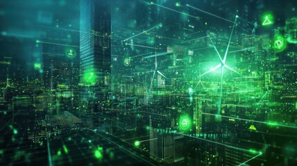 A data technology background for green tech industries, incorporating renewable energy symbols like solar panels and wind turbines, with data flow elements in eco-friendly tones of green and blue