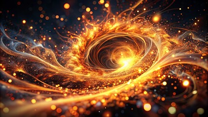 A fiery vortex of energy, a swirling dance of light and darkness, a cosmic spectacle of blazing gold and shimmering embers.