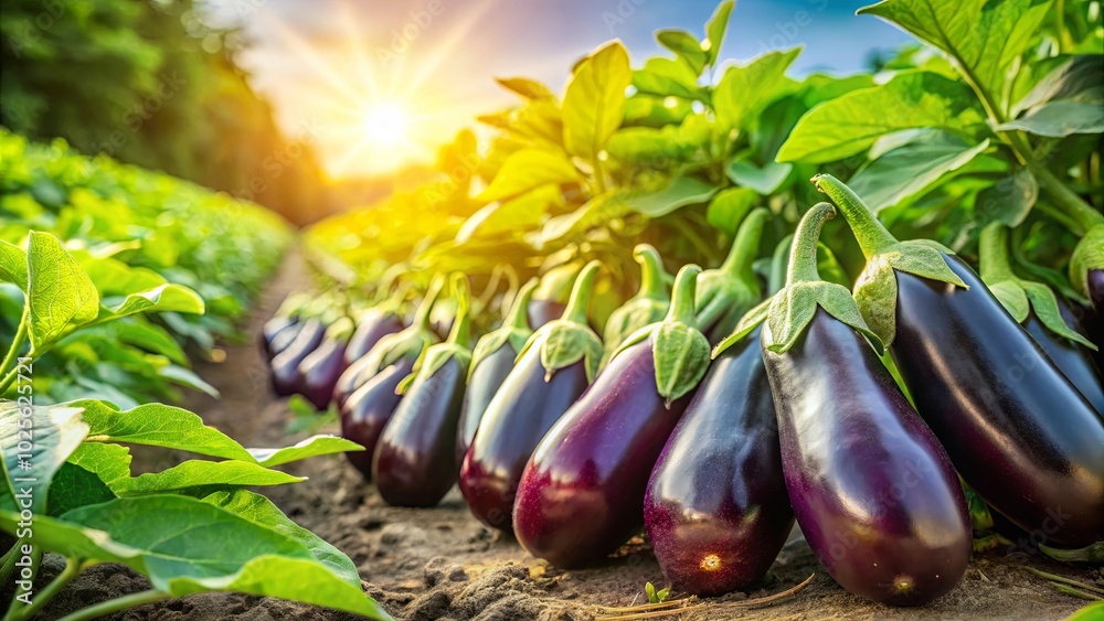 Sticker A row of ripe eggplants bathed in golden sunlight, nestled among vibrant green leaves, ready for harvest