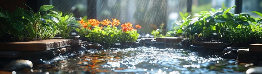 A rooftop rainwater garden, capturing water and creating a small ecosystem