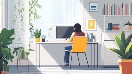 Woman Working at a Desk in a Modern Office with Plants and Sunlight