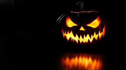 Fototapeta premium A Carved Pumpkin with a Glowing Face, Illuminated Against a Dark Background, Creating a Spooky Halloween Atmosphere