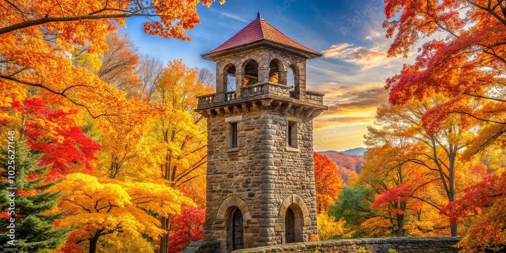 Wall mural Stone Tower Amidst Autumnal Foliage, A Symphony of Reds, Oranges, and Yellows, Bathed in the Warm Glow of the Setting Sun