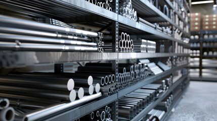 Metal pipes and tubing stacked on shelves in a warehouse