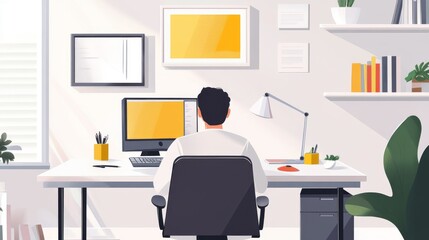 A Man Sitting at a Desk in a Minimalist Office