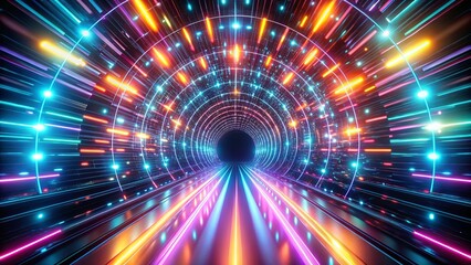 Obraz premium A Futuristic Pathway of Vibrant Neon Lights Leading to a Black Hole in the Center of a Circular Tunnel