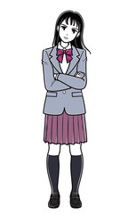 怒った表情で腕組みして立つブレザーの女子高生（シンプル）