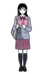 立って本を読むブレザーの女子高生（シンプル）