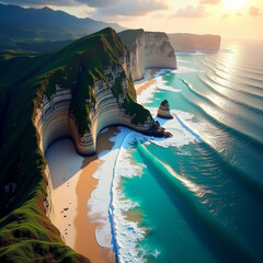 Turquoise waves meet sandy shore beneath towering cliffs at sunset in a serene coastal scene with Generative AI