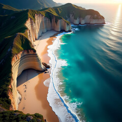 Awe-inspiring aerial of turquoise ocean, white sandy shore, and cliffs at sunset glow with Generative AI