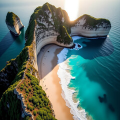 Vibrant coastal scene with turquoise sea, white sands, and cliffs bathed in warm sunset light with Generative AI