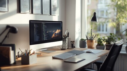 A Computer Workstation With A Mountain Landscape On The Screen
