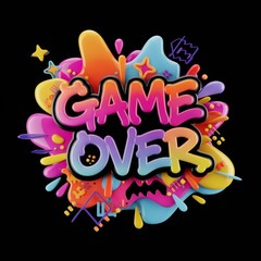 Vibrant game over graphic with colorful splashes, perfect for illustrating defeat or conclusion in gaming.