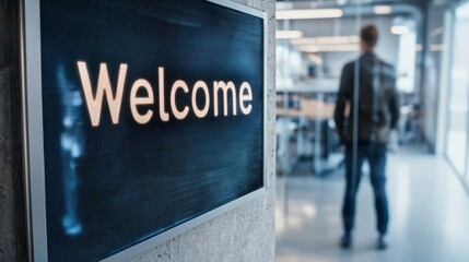 Welcome sign in modern office building