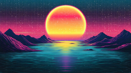 Digital Sunset Over a Silhouetted Mountain Range Reflecting on a Still Water Body