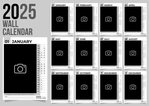 2025 Modern Minimalist Wall Calendar Template - 12-Page Black and White Design for Stylish Print
