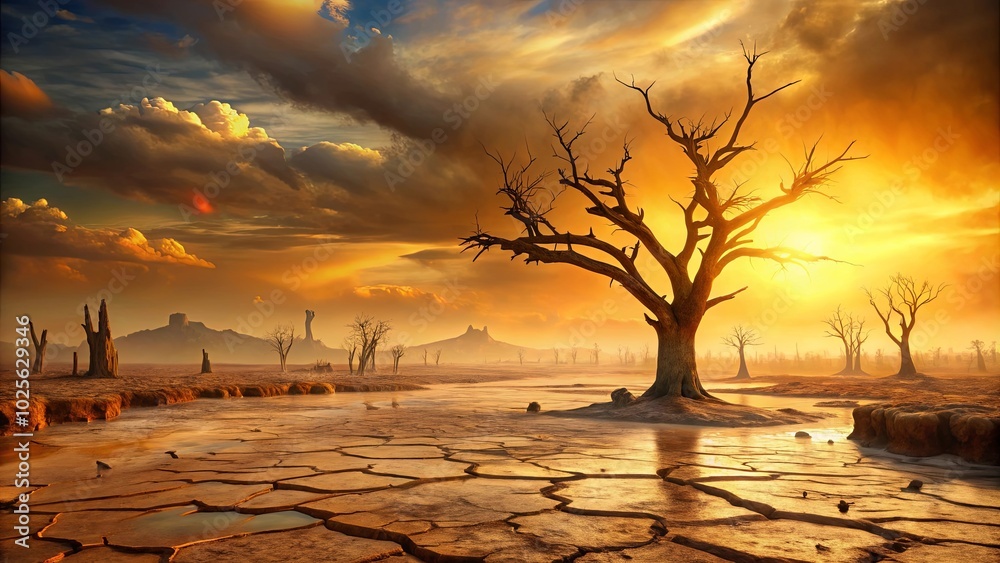 Canvas Prints A solitary, gnarled tree stands tall amidst a landscape of parched earth, cracked and weathered by the relentless sun, as the last vestiges of a dying day cast long shadows across the barren expanse.