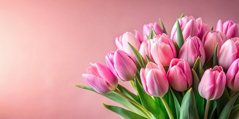 Obraz premium Elegant pink tulip bouquet on soft pink background with low angle perfect for spring themes